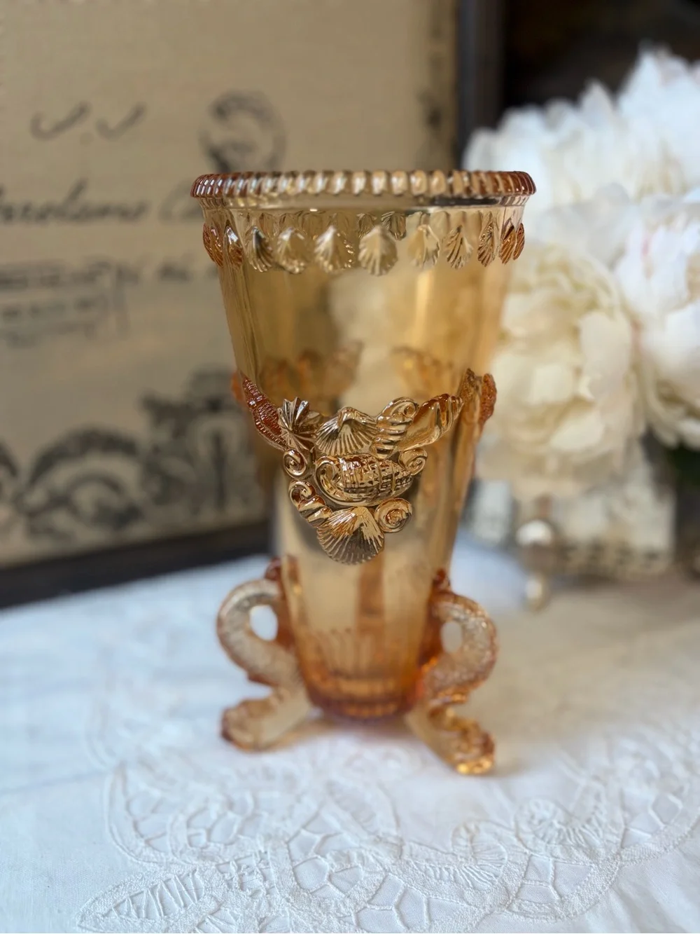 Westmoreland Amber glass footed vase seashells vintage coastal retro  beach deco